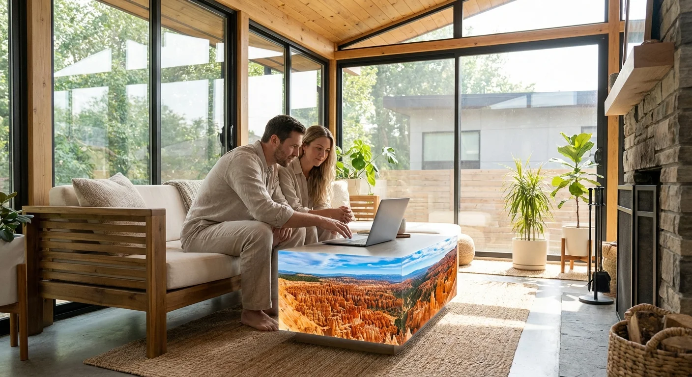 A couple viewing a panoramic digital tour of Bryce Canyon National Park on a laptop.