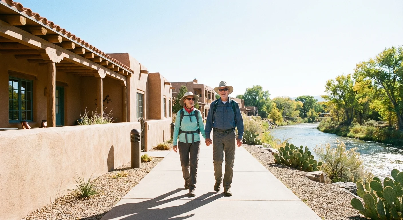 A couple walking along a modern riverwalk with desert architecture.