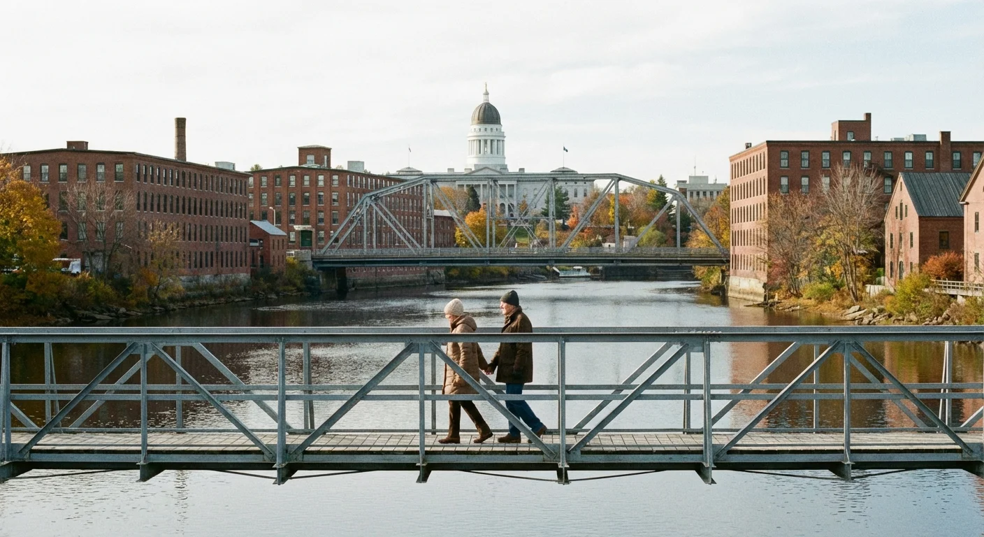 A couple walking by the Kennebec River in Augusta, Maine.