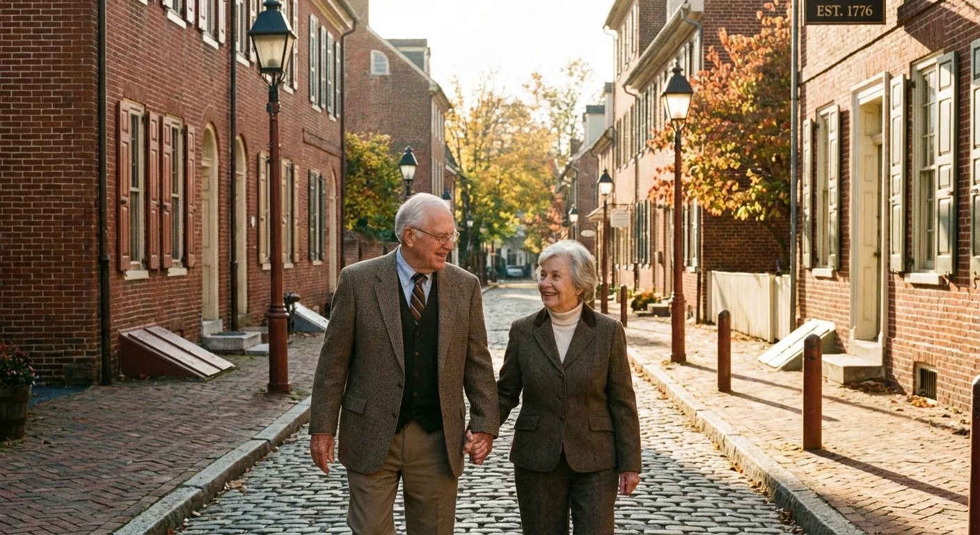 A couple walking down an old brick street with historic houses.