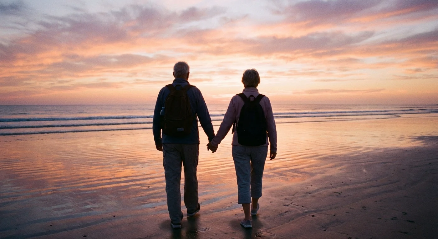 A couple walking on a beach at sunset, representing long-term retirement security.