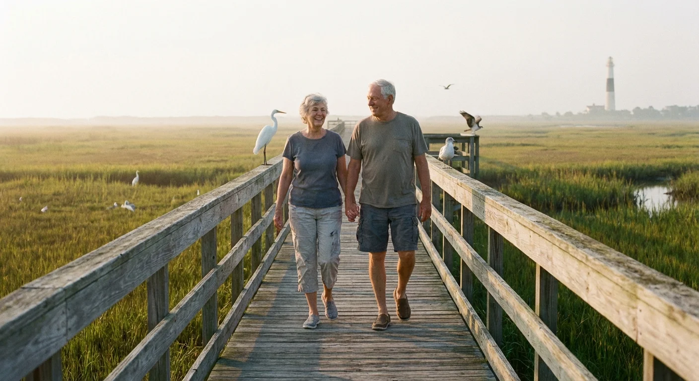 A couple walking on a boardwalk in Absecon, New Jersey.