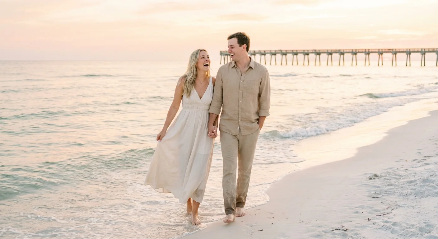 A couple walking on a Gulf Coast beach in Alabama.