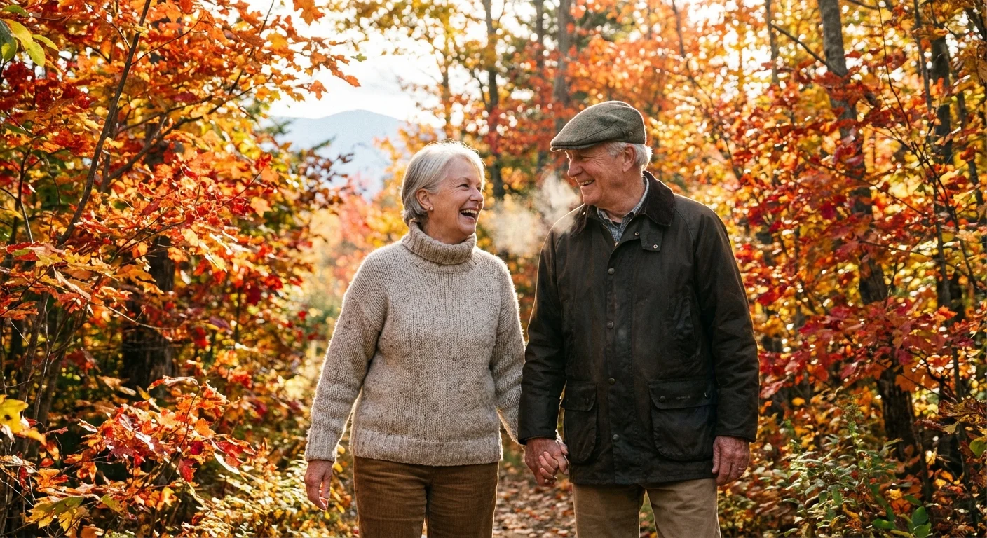 A couple walking on a path covered in colorful fall leaves.