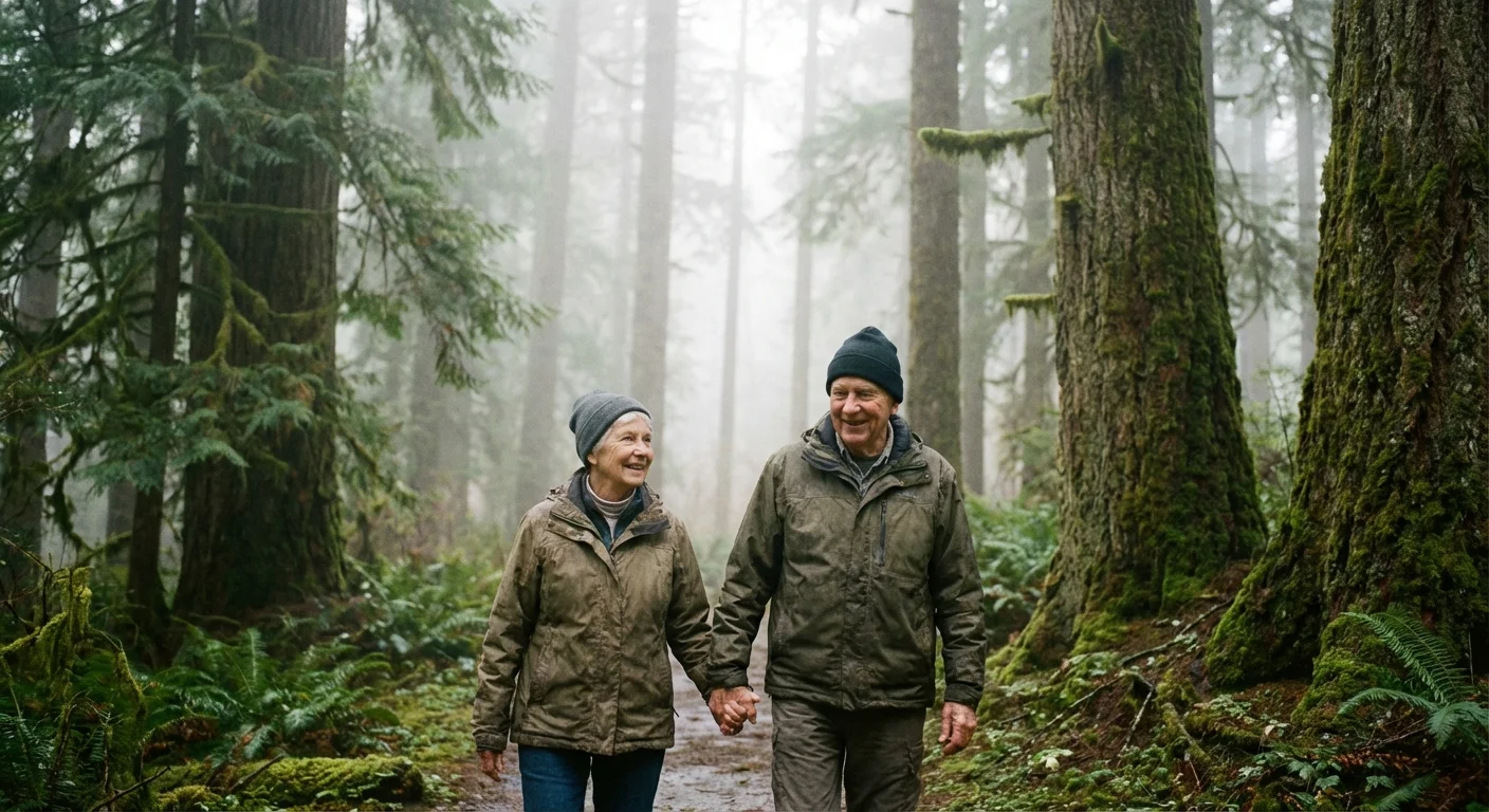 A couple walking on a path through a lush green forest.