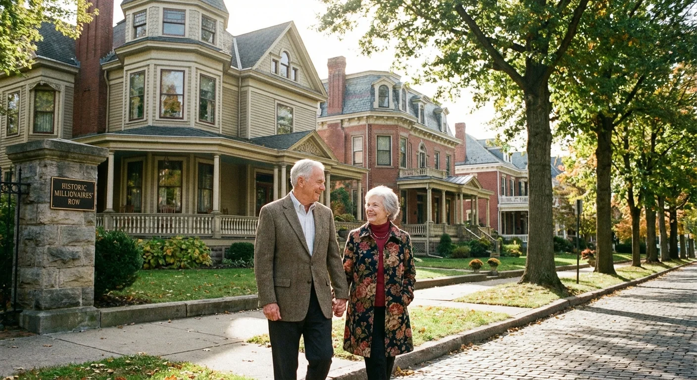A couple walking past historic homes in Williamsport, Pennsylvania.