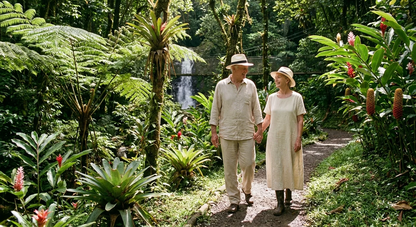 A couple walking through a lush tropical forest in Costa Rica.