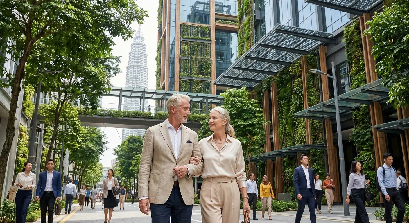 A couple walking through a modern, green city street in Malaysia.