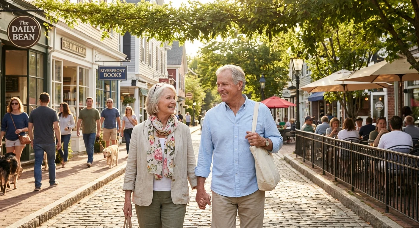 A couple walking through a vibrant, walkable town center.