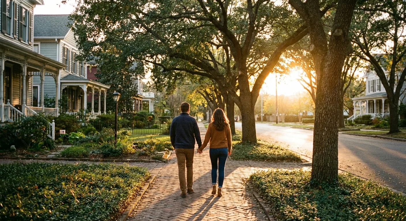 A couple walking together through a peaceful new neighborhood.