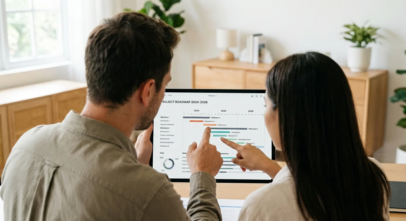 A couple's hands pointing at a digital chart on a tablet.