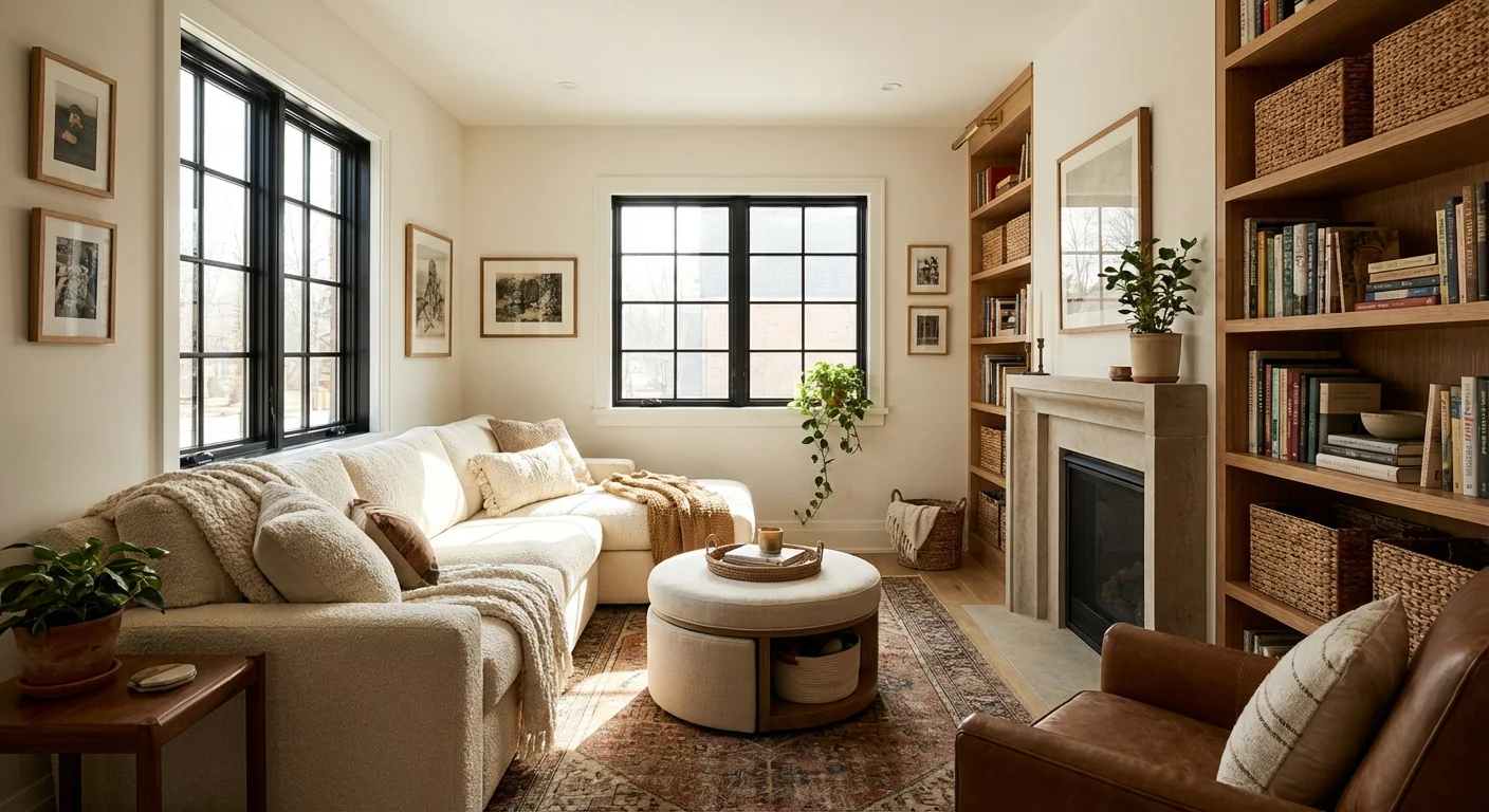 A cozy and well-organized modern living room with large windows.