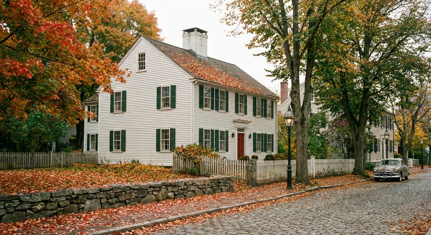 A cozy colonial home in a Northeastern town during the fall.