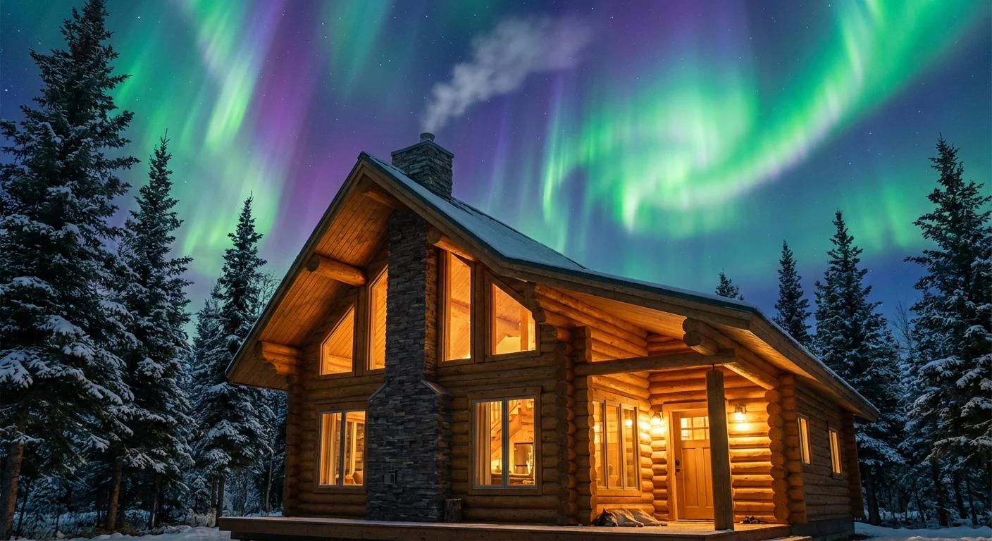 A cozy log cabin in Fairbanks, Alaska under the Northern Lights.