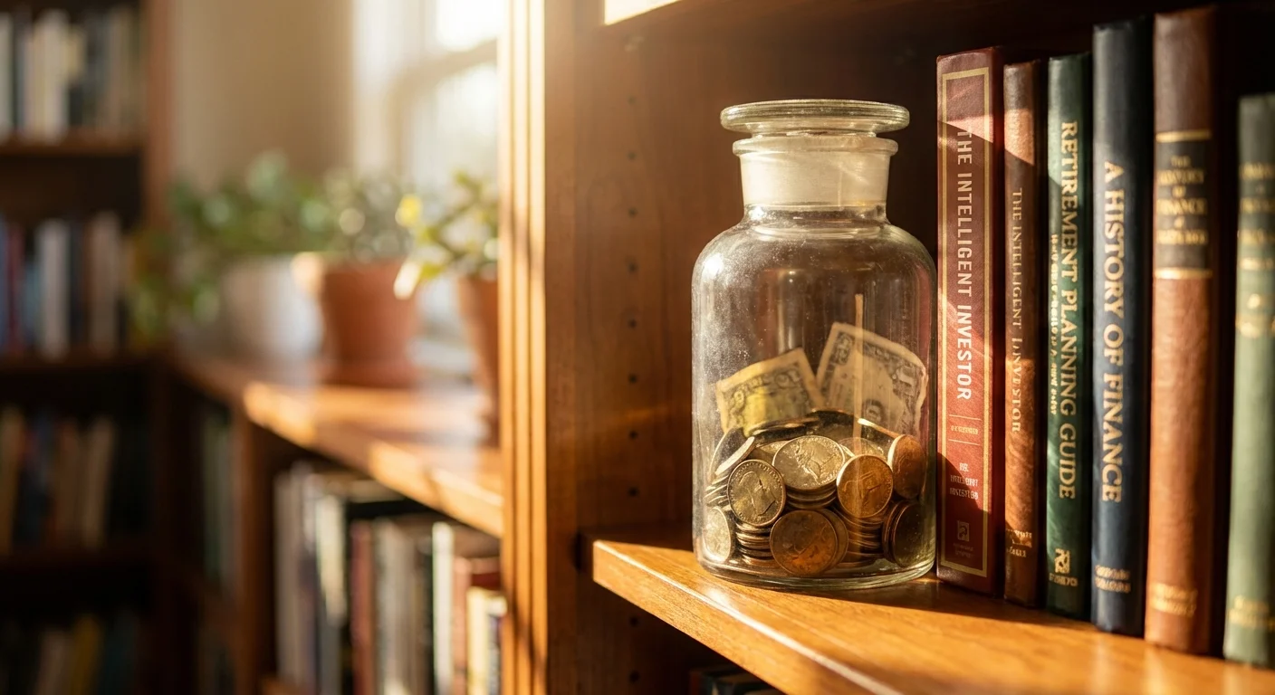 A decorative glass jar with coins on a bookshelf in soft light.