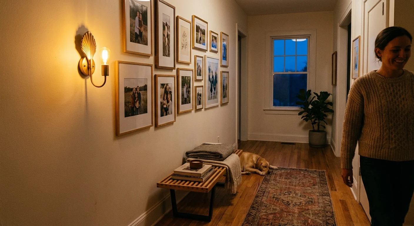 A decorative wall light illuminating a hallway during the evening.