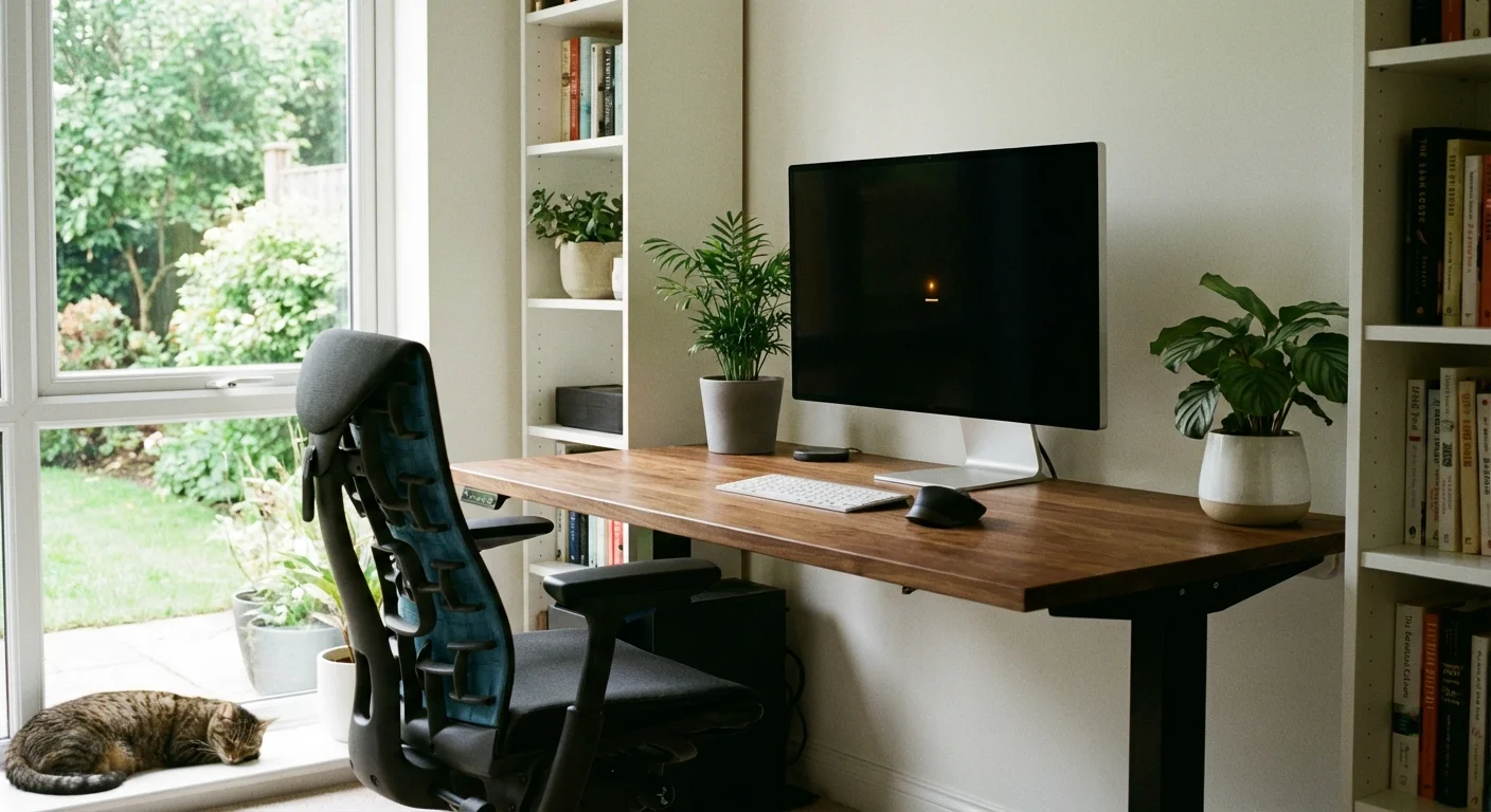 A desktop computer setup in a quiet, sunlit home office.