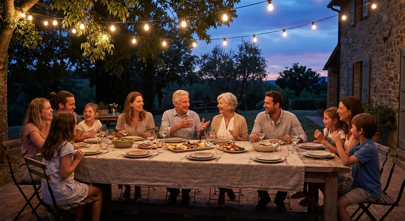 A family sharing a meal and conversation outdoors.