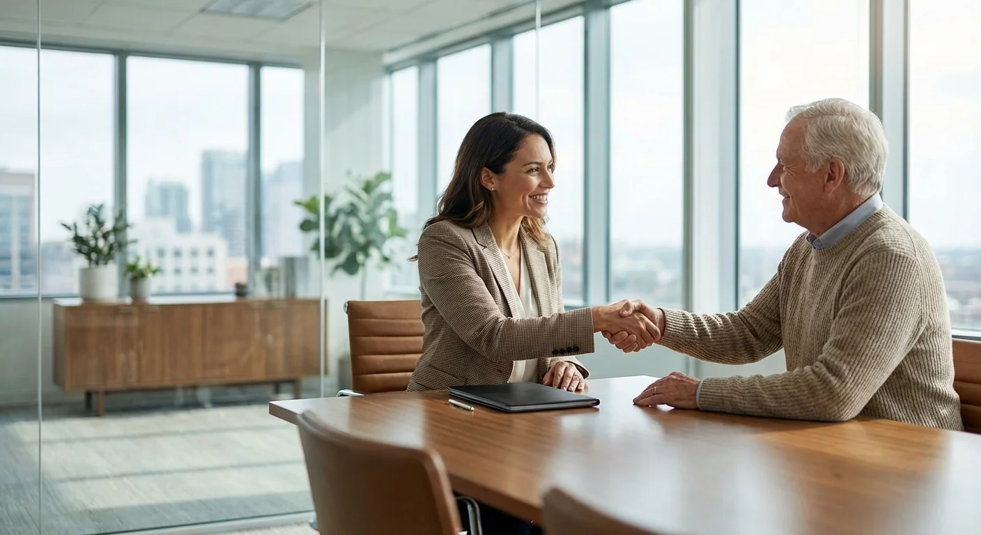 A financial advisor and a retiree shaking hands in a bright office.