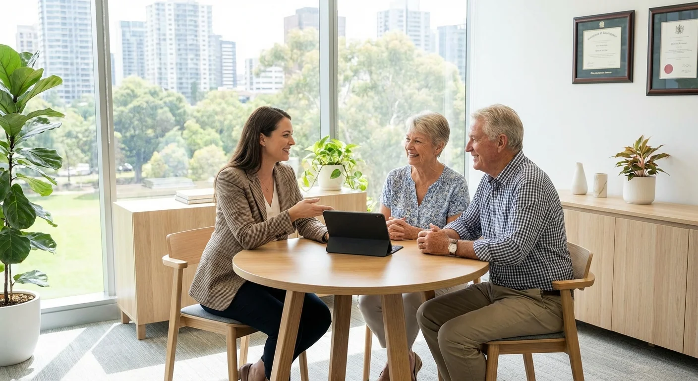 A financial advisor meeting with a retired couple in a bright office.