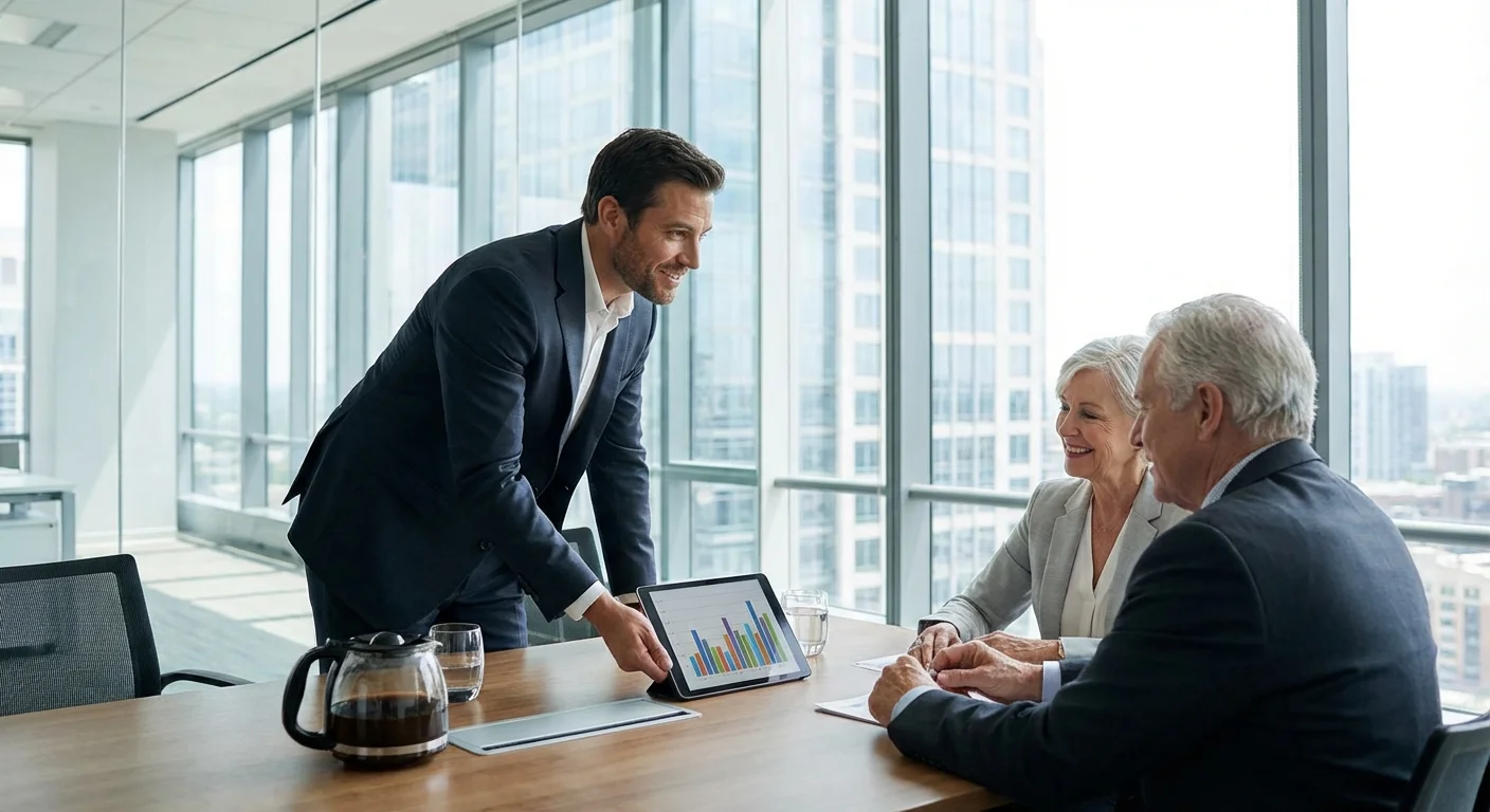 A financial advisor meeting with a senior couple in a modern glass office.