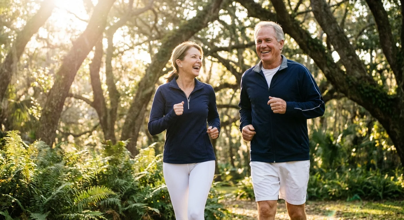 A fit couple jogging together in a beautiful green park under morning sun.