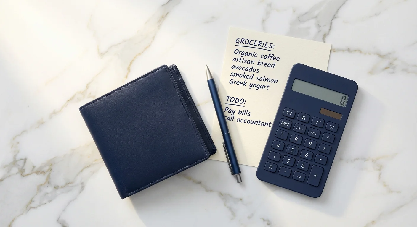 A flat lay of a shopping list, calculator, and wallet on a marble tabletop.