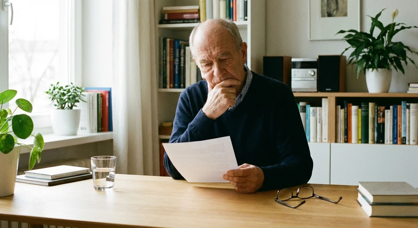 A focused senior man carefully reviewing financial documents at an organized desk.