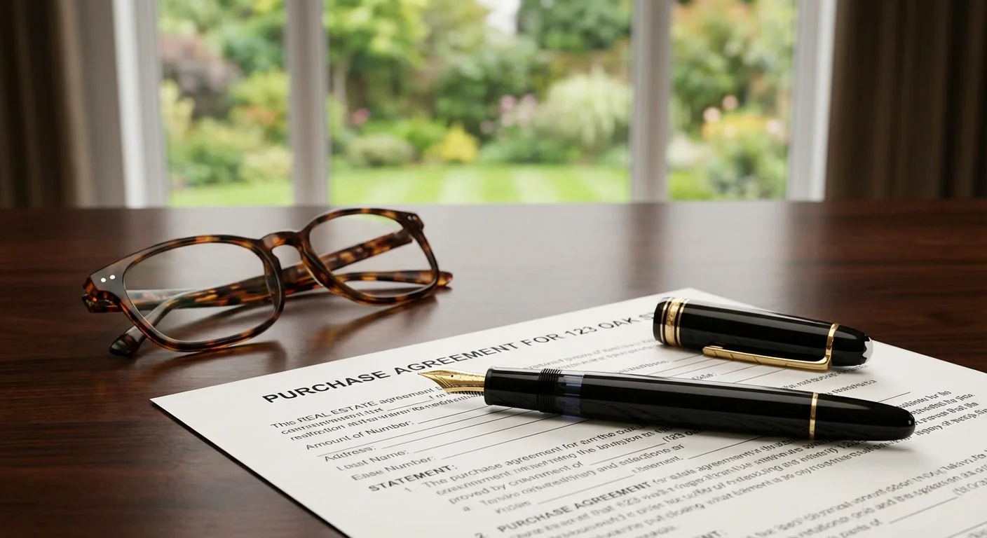 A fountain pen and glasses on a real estate contract.