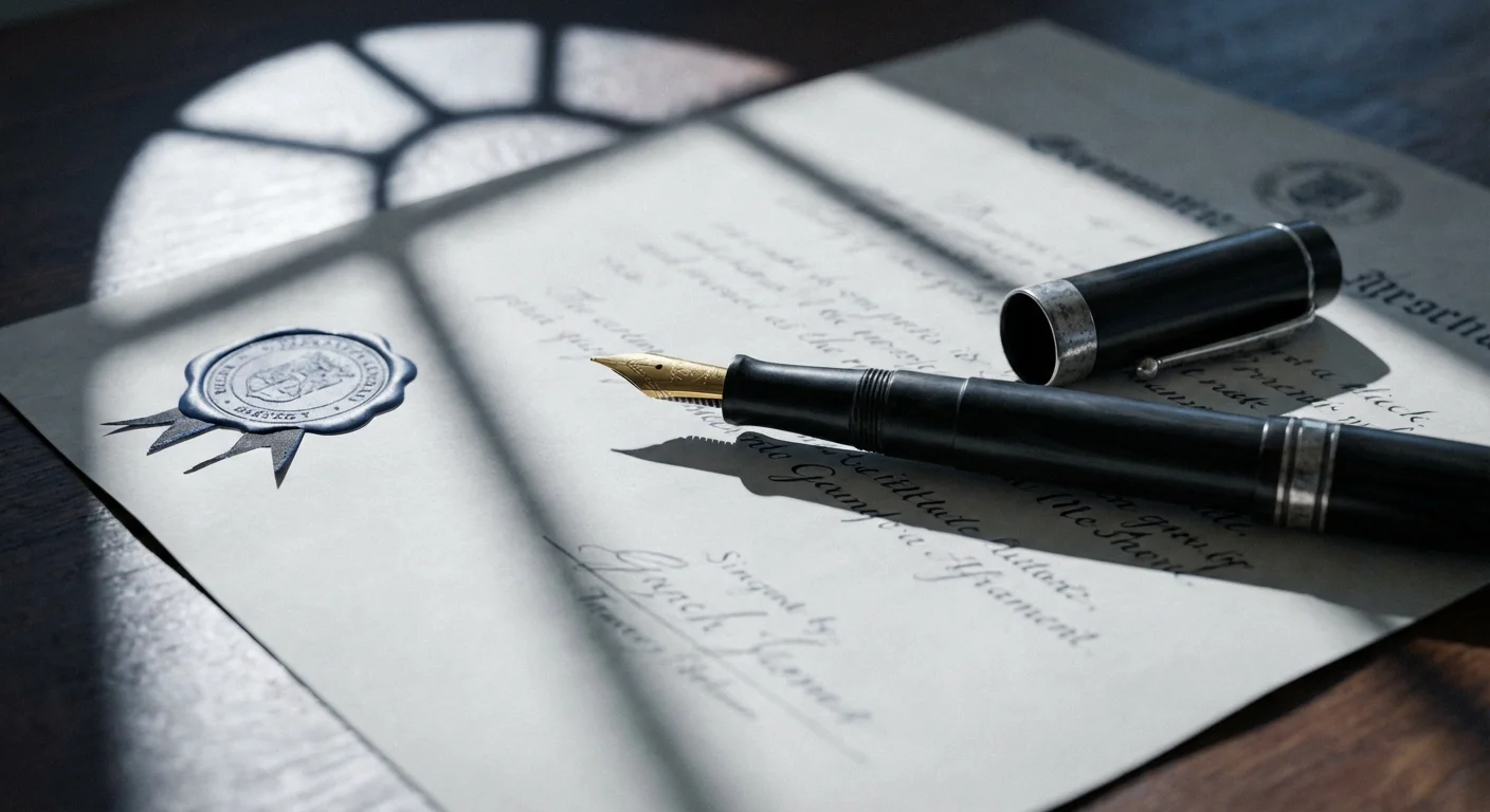 A fountain pen on a formal document with sharp shadows.