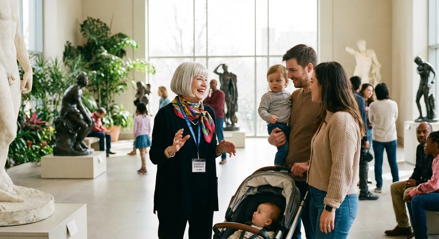 A friendly retiree working as a museum docent, engaging with visitors in a gallery.