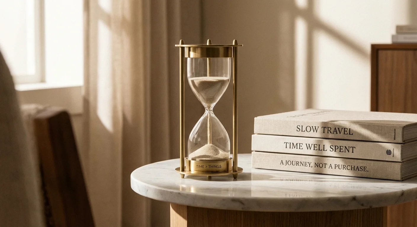 A glass hourglass on a marble table next to books, in soft light.
