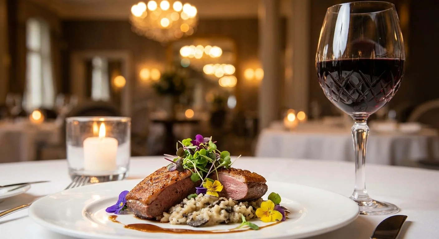 A gourmet meal and wine glass at an upscale restaurant with warm lighting.