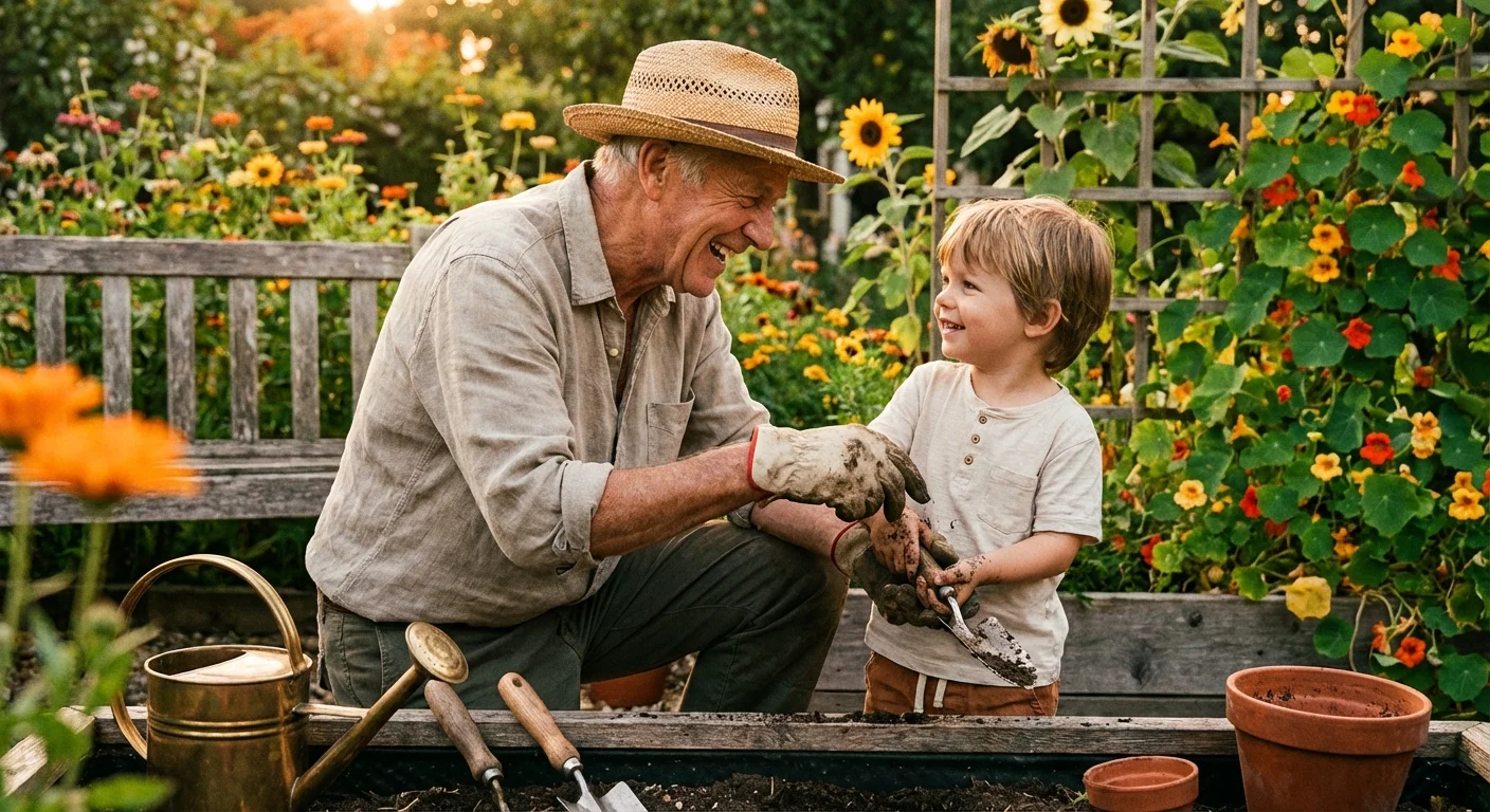 A grandfather and grandchild gardening together in a sunny yard.