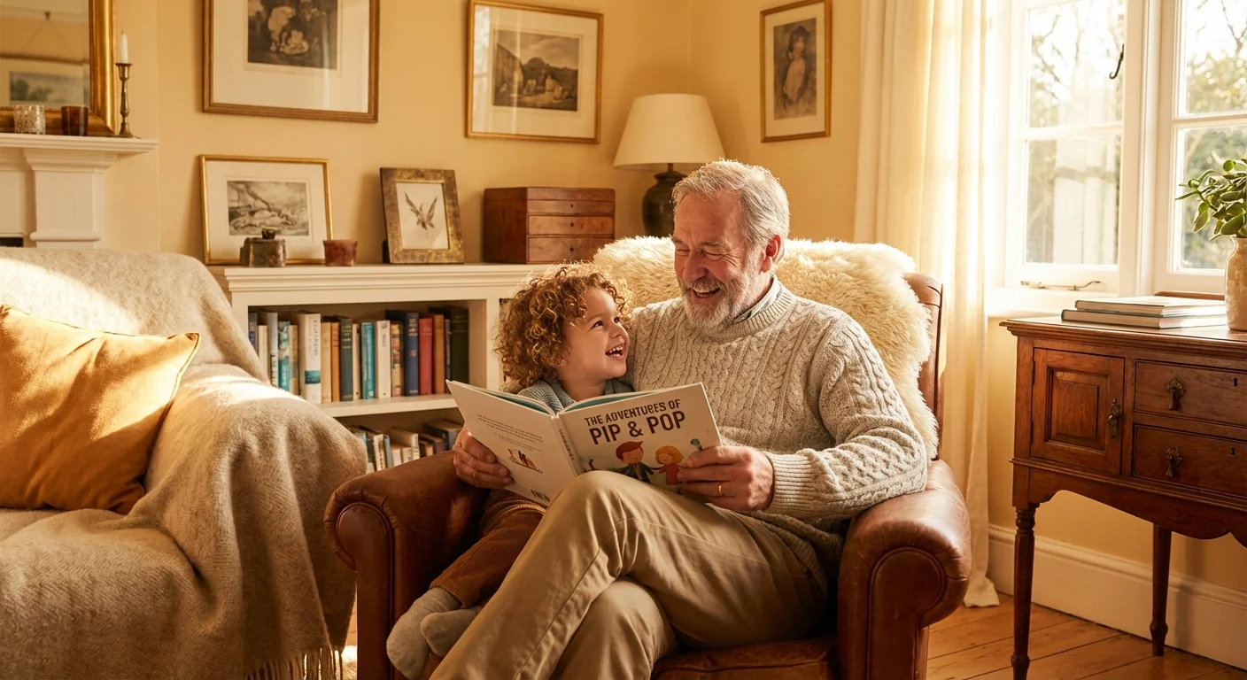 A grandfather and grandchild sharing a joyful moment reading together.