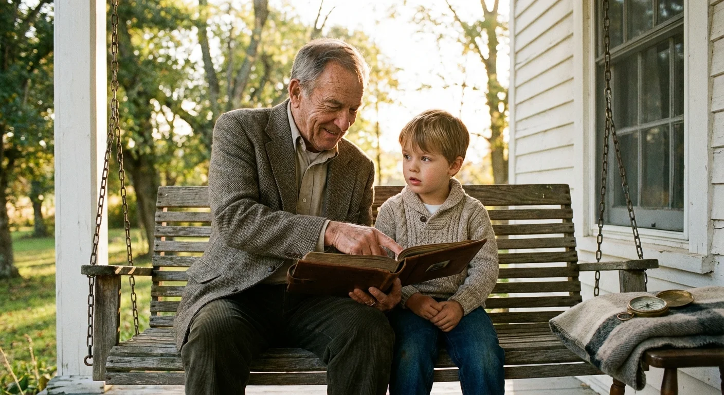 A grandfather and grandson sharing a moment together on a sunny porch.