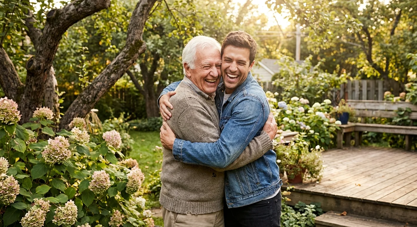A grandfather and his adult grandson sharing a joyful hug in a garden.