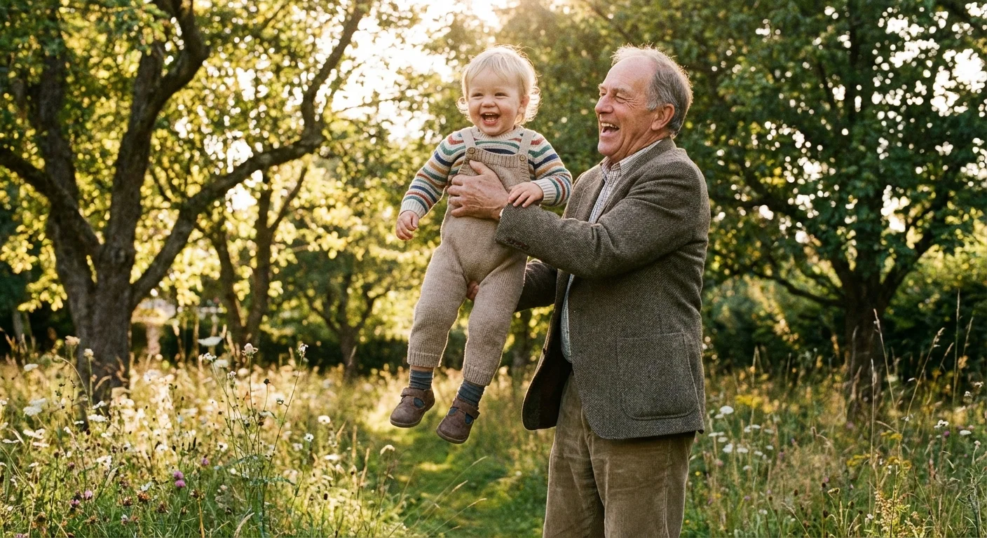 A grandfather playing with his grandchild in a sunny park.