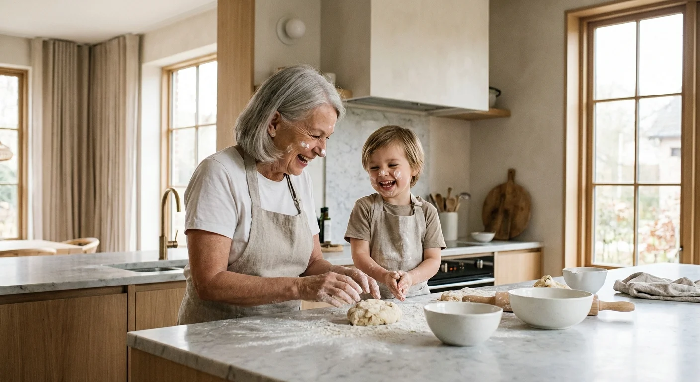 A grandmother and grandchild baking together in a bright kitchen.