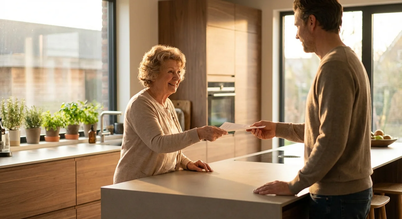 A grandmother handing a check to her adult son in a bright kitchen.