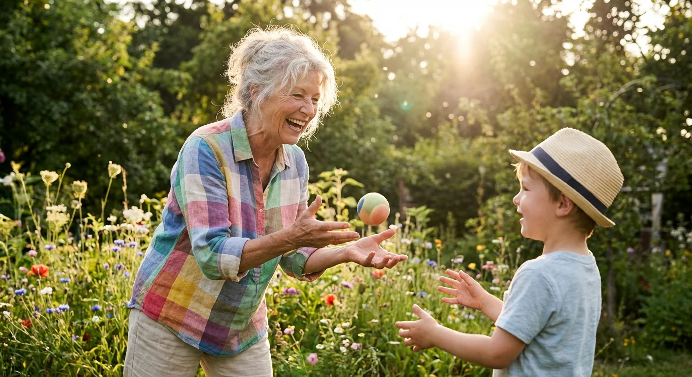 A grandmother playing with her grandson in a sunny garden.