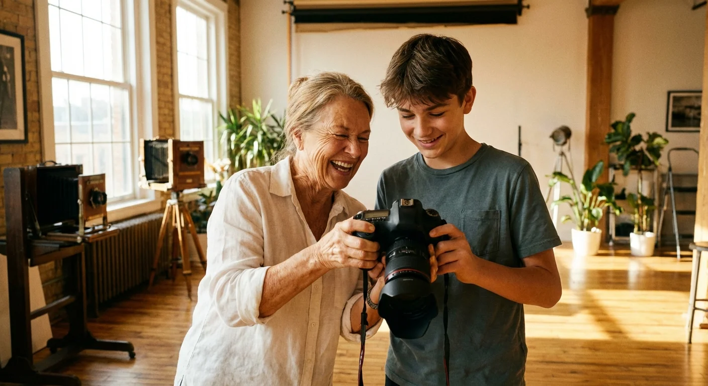A grandmother teaching her grandson photography in a bright studio, representing legacy.