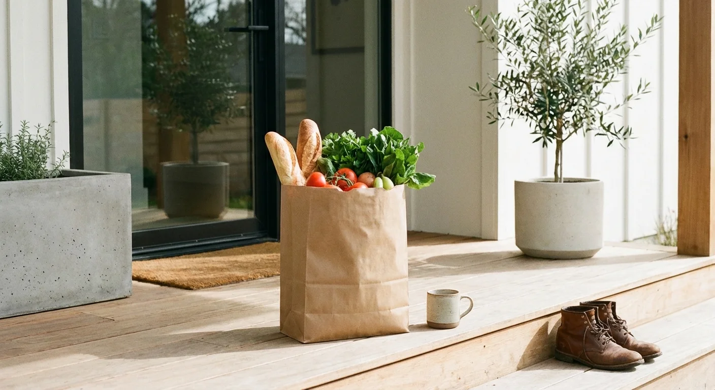 A grocery delivery bag sitting on a modern front doorstep.