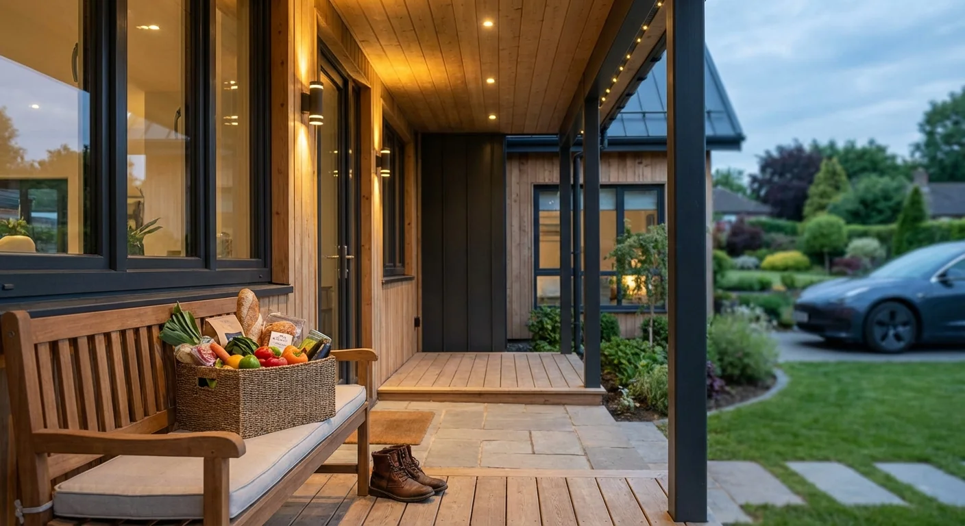 A grocery delivery box sitting on a clean front porch.