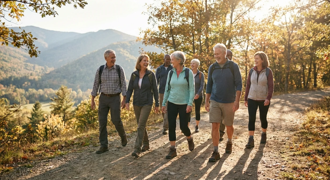 A group of active adults hiking together on a beautiful nature trail.
