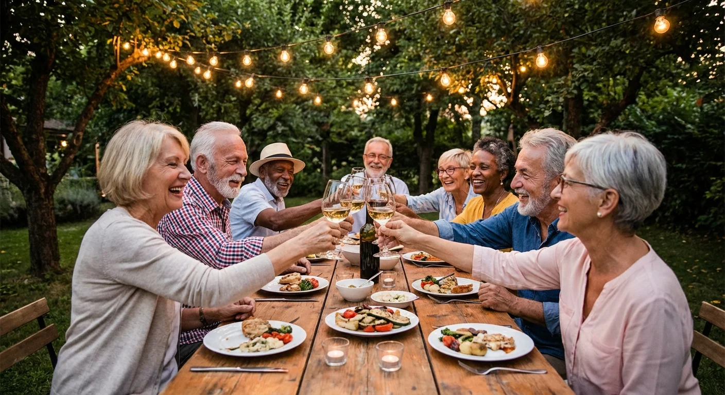 A group of friends enjoying a dinner party outdoors with warm lighting.