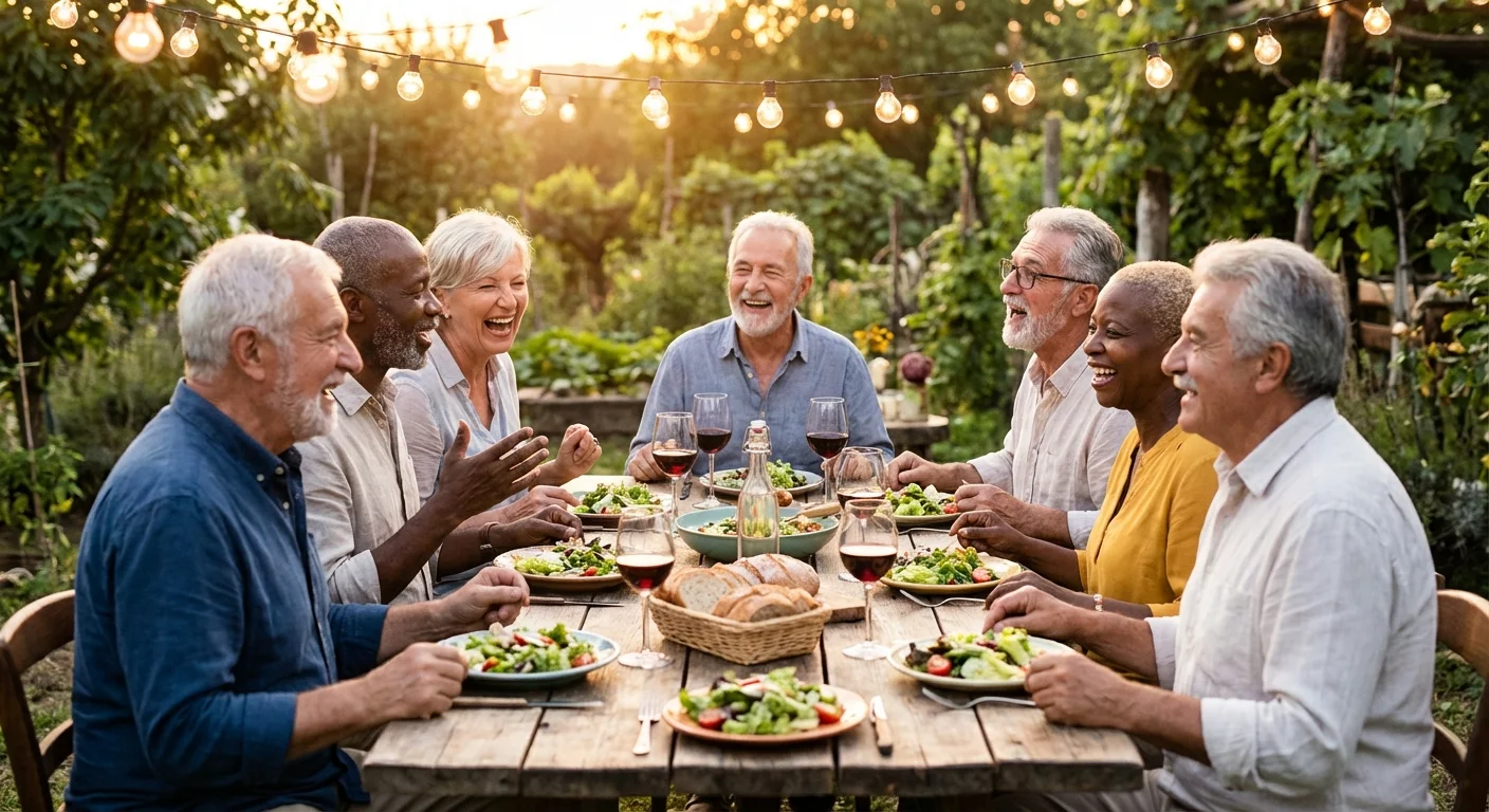 A group of older friends laughing and eating together at an outdoor dinner party.