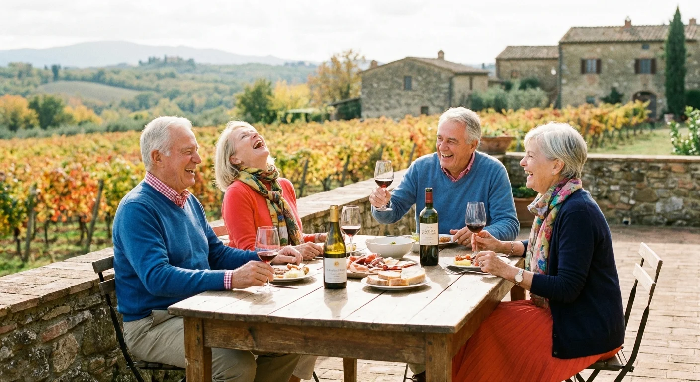 A group of retired friends enjoying a joyful lunch outdoors.
