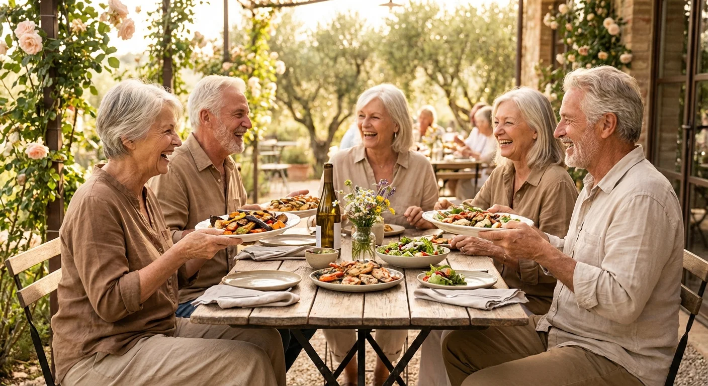 A group of senior friends enjoying a meal and laughing together at an outdoor restaurant.