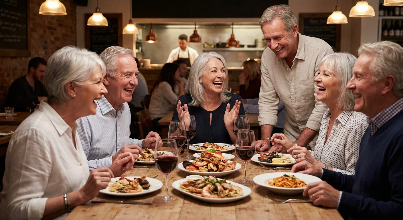 A group of senior friends laughing and eating at a restaurant.
